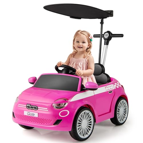 Image of OLAKIDS Push Car for Toddlers, 3 in 1 Licensed Fiat 500e Baby Sliding Walking with Parent Control Handle Adjustable Canopy Footrest, Kids Ride on Toys with Horn for Boys Girls (Pink)
