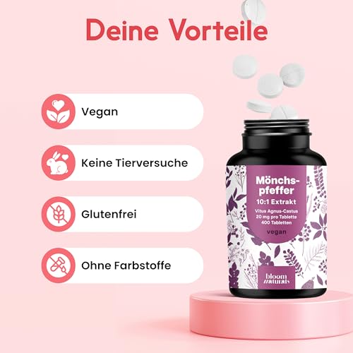 Mönchspfeffer hochdosiert - 400 Tabletten - 20mg pro Tablette - 10:1 Extrakt aus Original Agnus Castus - Nahrungsergänzungsmittel- Vegan und produziert in Deutschland Laborgeprüft