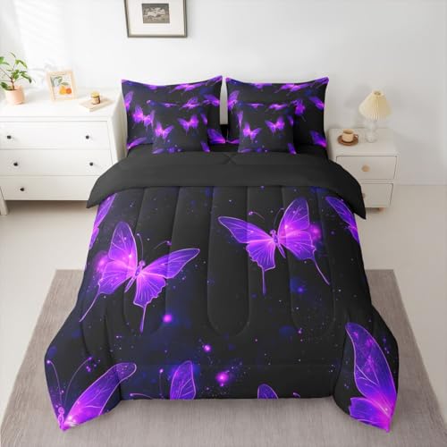 Image of Neon Purple Butterflies 7 Pieces Bedding Set Queen Size,Starry Sky Bed in a Bag,Outer Space Galaxy Bed Set Includes Comforter,Sheet Set,Pillowcases & Pillow Covers,Elegant Wildlife Bedroom Decor