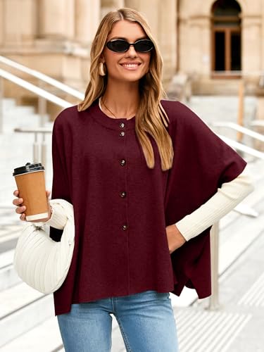 Simplee Womens Oversized Batwing Short Sleeve Cardigan Crewneck Button Down Knit Sweaters Pullover Fall Tops 20252
