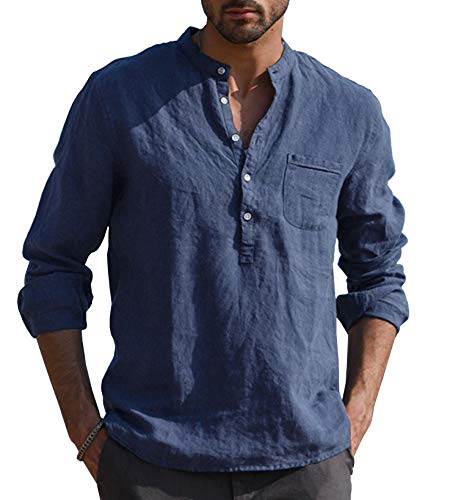URRU Mens Casual V Neck Cotton Linen Long Sleeve Hippie Shirts Banded Collar Henley Tops with Buttons Navy Blue XXL