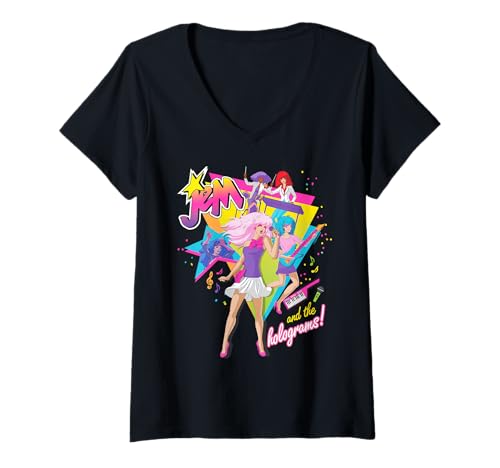 Image of Women's Jem and The Holograms Full Band Rocking Out 80's Rock Retro V-Neck T-Shirt