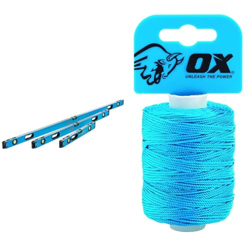 OX Pro Level Bag with 1800mm, 1200mm & 600mm Levels, Black/Blue & OX Pro Nylon High Vis Builders Line 105m / 350ft - Cyan