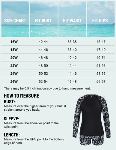 Women's Uv Sun Protection Long Sleeve Rash Guard Swimsuit Top With Bottom Black 22W #TOP5
