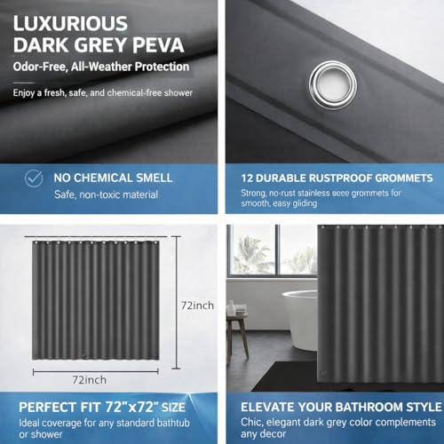 Image of EHZNZIE Dark Grey Shower Curtain Liner 72x72, PEVA Waterproof Bath Curtain, No Chemical Smell, 3 Weighted Magnets, Durable with Rustproof Metal Grommets