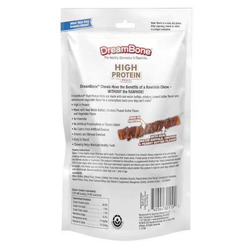 Image of DreamBone High Protein Rolls Rawhide-Free Dog Treats, 4 Count | Daily Chew, Digests Safely and Completely, Made With Real Water Buffalo Chicken & Peanut Butter, For Adult Dogs