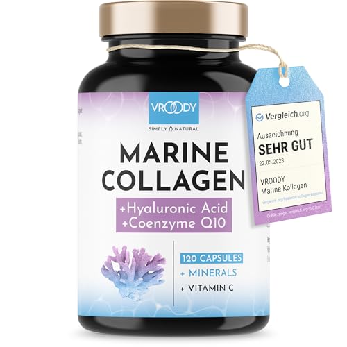 Premium marine collageen combo 1000mg + Q10, hyaluronzuur, koper, mangaan, vitamine C, zink & biotine dragen bij tot het behoud van een normale huid & haar; Gemaakt in Oostenrijk door VROODY