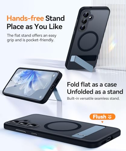 Image of CANSHN Strong Magnetic & Seamless Stand Designed for Samsung Galaxy S24 Case [Full Camera Protection] [Adjustable Kickstand] [Compatible with MagSafe] Translucent Matte Phone Cover - Black