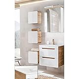 Lomadox Badezimmermöbel Set Hochglanz weiß mit Wotaneiche, 60cm Waschtischunterschrank mit Keramik-Waschtisch, LED-Spiegelschrank & 3 Hängeschränke