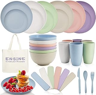 ENSINE 50PCS Plastic Dinner Sets, Premium Plates and Bowls Set with Carry Bag, Lightweight Plastic Camping Dinner Sets, Unbreakable Kids Dinner Set for 6 People Cutlery Set, Perfect for Picnic, BBQ