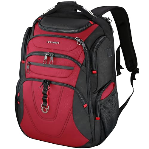 KROSER Sac à dos de voyage convivial pour ordinateur portable, sac à dos imperméable pour les affaires, Noir/Rouge-17,3, 17.3 inch, Moderne