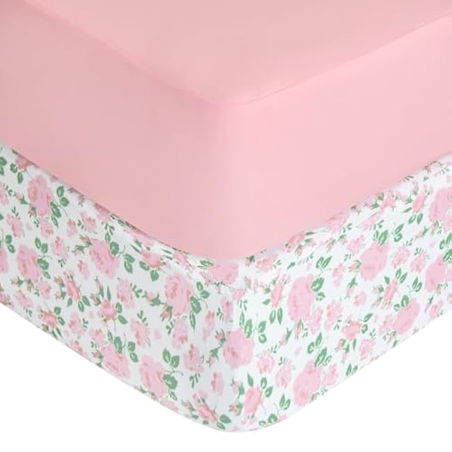 Stretchy Crib Sheets Girl, 2 Pack Baby Crib Sheets Fitted for Standard Crib and Toddler Mattress 52 x 28, Soft and Breathable Fitted Sheets Neutral, Pink & Floral