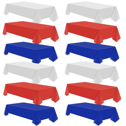 Image of 12 Pcs Plastic Tablecloths, Disposable Rectangle Red White Blue 54 x 108 Inch Waterproof Table Covers for 4th of July Patriotic Independence Memorial Veterans Day Party Decorations