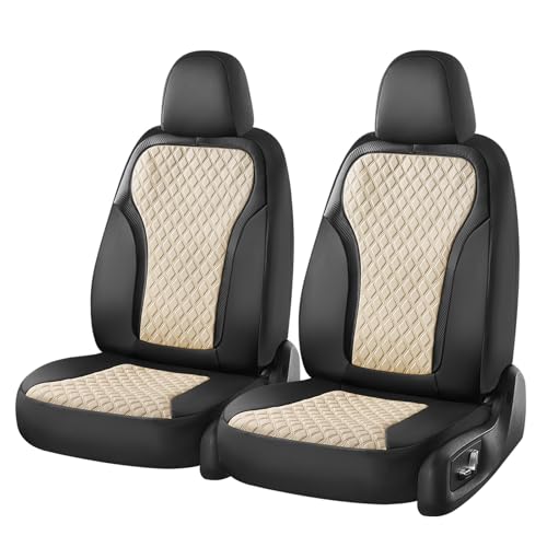 Image of Coverado Front Seat Covers, 2-Pack Luxury Diamond Leather Car Seat Cover with Carbon Fibre Weave Design, Waterproof Car Seat Protectors, Black&Beige Driver Seat Covers Universal Fit for Cars Trucks