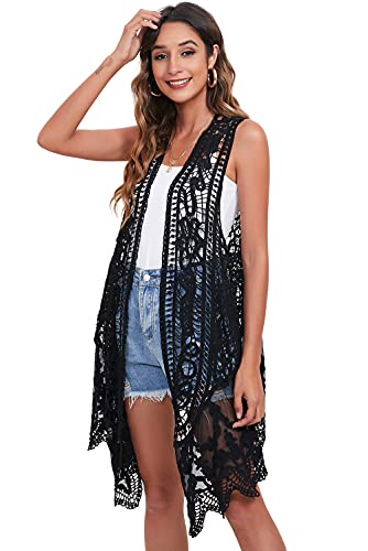 Lace Front Open Sleeveless Top Cardigan Crochet Vest Bikini Cover up Summer Beachwear2