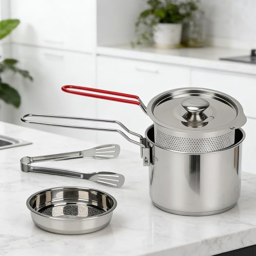 Friteuse à Poser - Set de 7 Pièces Portable en Acier Inoxydable | Friteuse 1,2 Litres avec Panier - Pour Cuisiner Poisson et Poulet en Cuisine Camping Pique-Nique Fêtes – Image 4