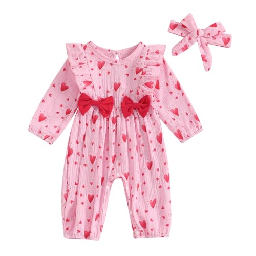 Image of niceclould Baby Girl Valentine's Jumpsuit Heart Print Bow Crewneck Ruffled Long Sleeve Romper Headband Outfit Fall Winter