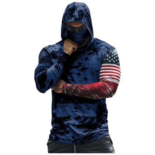 Men's America Flag Athletic Hoodies Fishing Shirts for Men UPF 50+ SPF UV Sun Protection Shirts Rash Guards with Mask