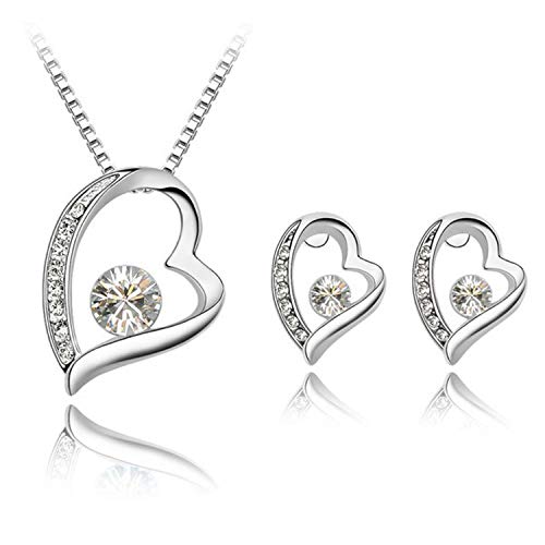 Elegance Parisienne Stylisches Herz-Schmuckset | Swarovski Elements | 18k Weißgold plattiert | Für Frauen Damen Kinder Mädchen | Halskette Anhänger Ohrringe Kristall Glitzer Strass Cover