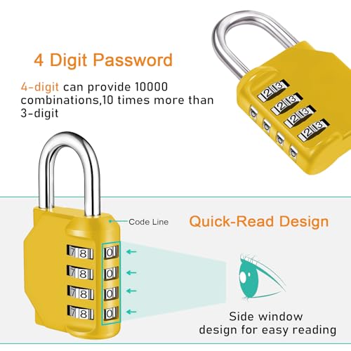 Image of NAGE Locks for Lockers, 4 Digit Combination Lock Resettable, Outdoor Waterproof Locker Locks for Gym School Sports Locker, Fence, Gate, Toolbox, Case, Hasp Storage (1 Pack, Yellow)
