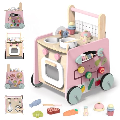 VITONIS Girello per Bambini di Legno, Carrello Primi Passi Legno con 8 Giochi Interattivi, Giocattoli Bambino 1 Anno,...
