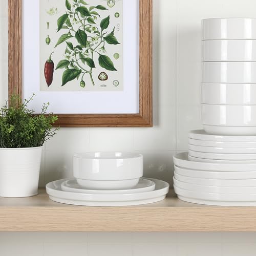 Image of Gibson Home Rothernberg 18-Piece Stackable Porcelain Dinnerware Set, Service for 6 - White Plates and Bowls, Microwave & Dishwasher Safe
