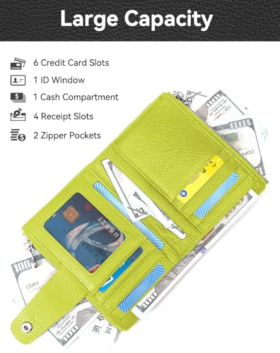 Wallet Women Bifold Genuine Leather Female Cash Purse, Large Capacity Ladies Wallet with Card Holders, ID Window, Zipper Coin Pockets, Snap Button (Moss Green)3
