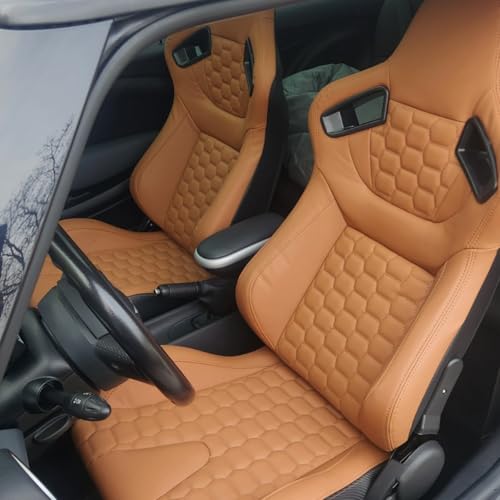 Image of IKON MOTORSPORTS, Universal Racing Seats with Dual Sliders, Reclinable Brown PU + Carbon Leather with Hexagonal Quilting Sport Bucket Seats, 1 Pair Driver + Passenger Side
