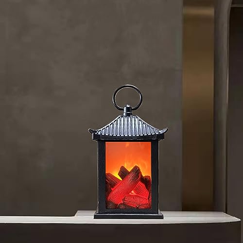 Image of Small Cozy Fireplace Lantern Traditional Realistic Log Wood Burning Flame Effect Ligh LED Charcoal Style Table LampFor Indoor & Outdoor Use(5.3''X5.3''X11'')