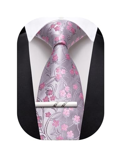 Image of Barry.Wang Floral Ties for Men Flower Necktie with Tie Clip Formal