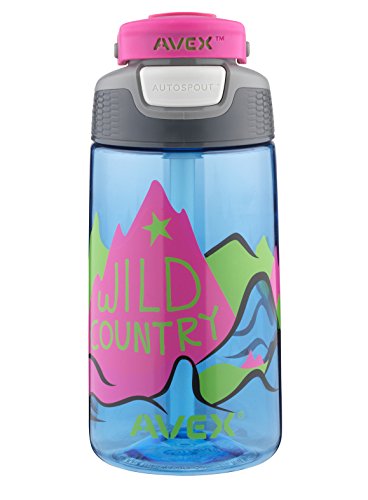 AVEX Kids Autospout Water Bottle, 16oz, Light Blue with Mountain