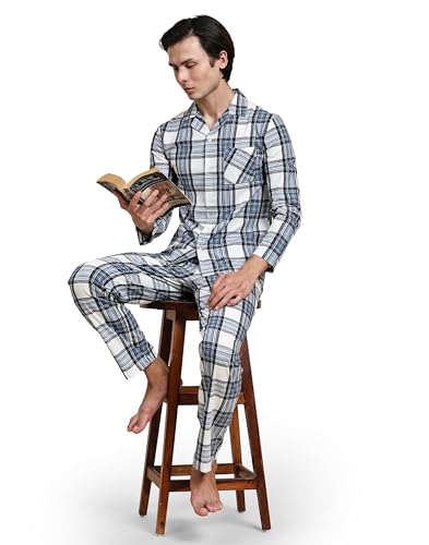 Image of B STORIES Men's 100% Cotton Full Sleeve PJ Set - Checkered Nightwear Set | Soft Loungewear | Comfortable Sleepwear | Stylish Casual Home Wear Shirt & Pant (S-XXL)