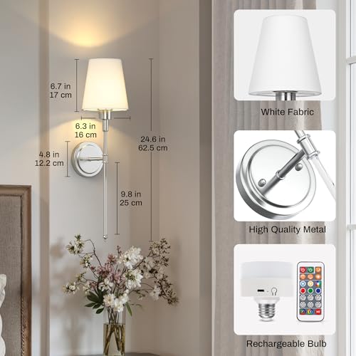 Image of DORESshop Battery Operated Wall Sconce Set of 2, Wall Light Wireless Easy Install, Dimmable and Adjustable Sconce Wall Decor, Rechargeable Wall Lamp for Bedroom, Living Room, Chrome and Glass 24.6in