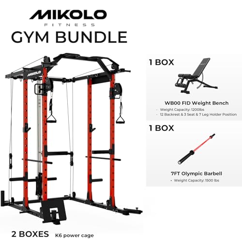 Image of Mikolo Power Cage, Power Rack with Cable Crossover System, 1500LBS Squat Rack with LAT Pull Down System, Workout Cage with Pulley System for Fitness Home Gym