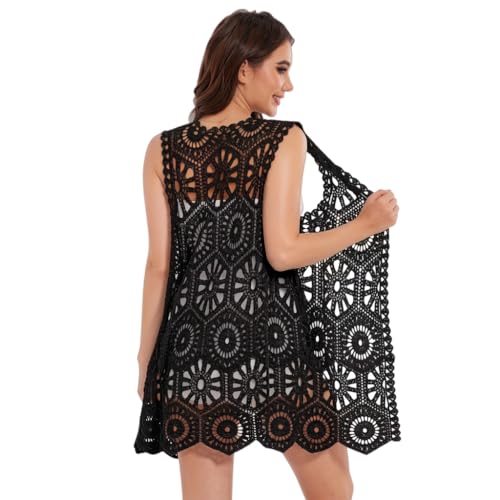 Image of Womens Crochet Flower Boho Short Sleeve Lace Vest Cardigan