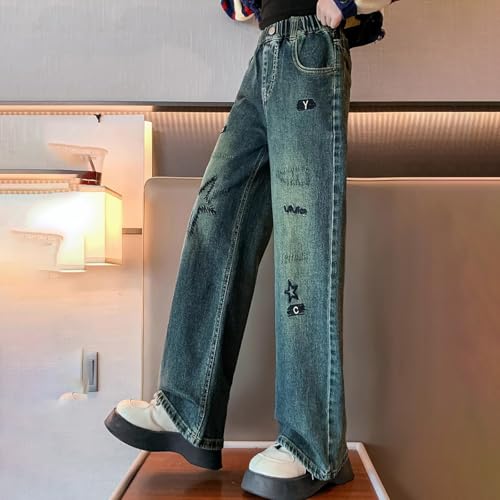 Girls Cute Print Pants 𝐘2k Baggy Wide Leg 𝐕intage Denim Trousers Youth Casual Elastic Waist Straight Leg Jeans2