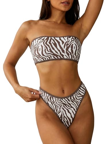 Image of ZAFUL Women Strapless Textured Bandeau Bikini 2 Piece Swimwear Cheeky Solid Lace up Bathing Suits