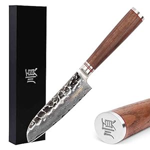 YOUSUNLONG Santoku mes 5 inch (12,7 cm) Damascus Super Steel – scherp lemmet – ergonomisch houten handvat van walnoot