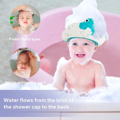 Image of FUNUPUP Baby Shower Cap for Kids, Baby Bath Shampoo Visor Cap Hair Washing Shield Adjustable, Set Blue Dinosaur