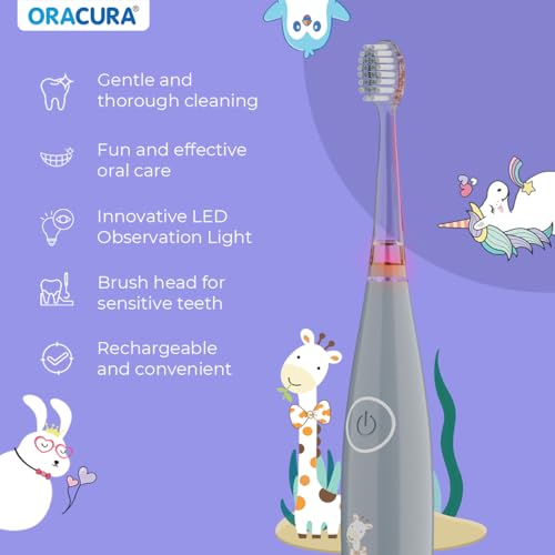 Image of ORACURA KSB200 Kids Sonic Electric Rechargeable Toothbrush, 3-10 Years, 24,000 strokes /min, With 3 Modes, IPX7 Waterproof, Smart 2-Min Timer, Rechargeable Lithium Battery, LED & Colorful Lights (Grey)