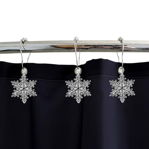 Decorative Snowflake Shower Curtain Rings with Rustproof Stainless Steel Hooks, Bling Cute Acrylic Pendant for Bathroom Decor, Pack of 12 (Snowflake)