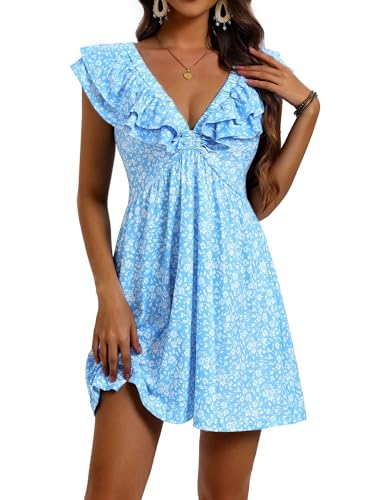 Image of Loemes Women Summer Cute Floral Deep V Neck Mini Dress Casual Ruffle Sleeveless High Waist Swing Beach Sundress with Pockets