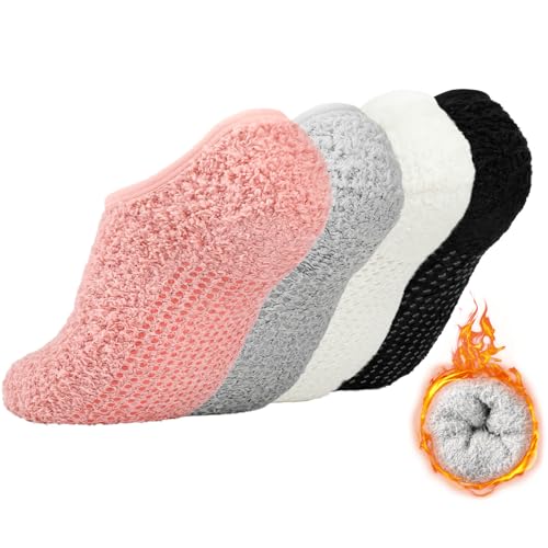 4 Pairs Slipper Socks for Women, Grippers Non Slip Fuzzy Socks with Grip Hospital socks Home Gifts