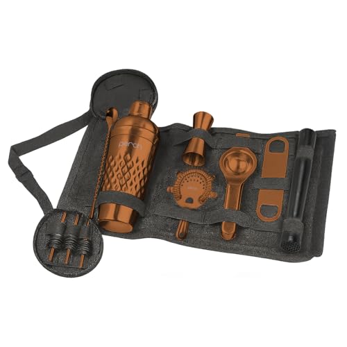 Image of O' Holic by Perch Portable Bar Bag Set | Premium Leatherette Travel Bartender Kit | 13-Piece Cocktail Shaker Set with Jigger, Strainer, Muddler & Bar Tools | Premium Gift for Men| Rose Gold