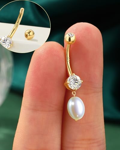 COCHARM 14K Yellow Gold Belly Button Rings Dangling Freshwater Pearl Real Gold Belly Navel Rings 14K Gold Belly Navel Piercing Jewelry Dangly4