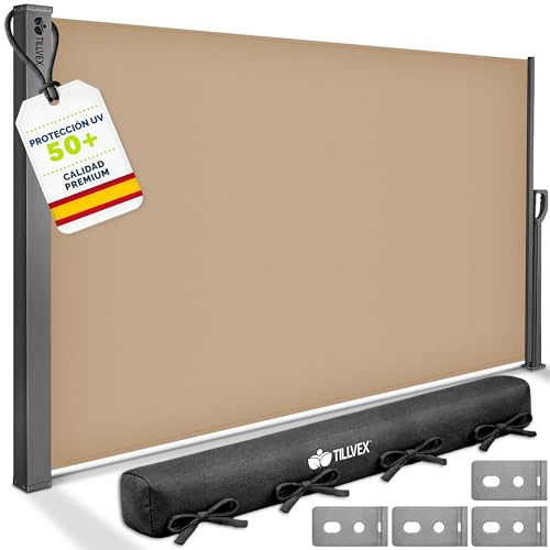 tillvex® Toldo Lateral 200 x 300 cm Extensible y Opaco con Cubierta | Protección Visual para balcón, jardín y terraza | Estor Lateral con Soporte de Pared | Protección Solar de Acero Inoxidable