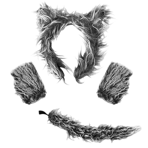 AIWXEEU 4 peças disfarce de lobo acessórios Set, diadema com orelhas de lobo de pelúcia, cauda e luvas, acessórios de lobo para Halloween, carnaval, cosplay e festas de disfarces