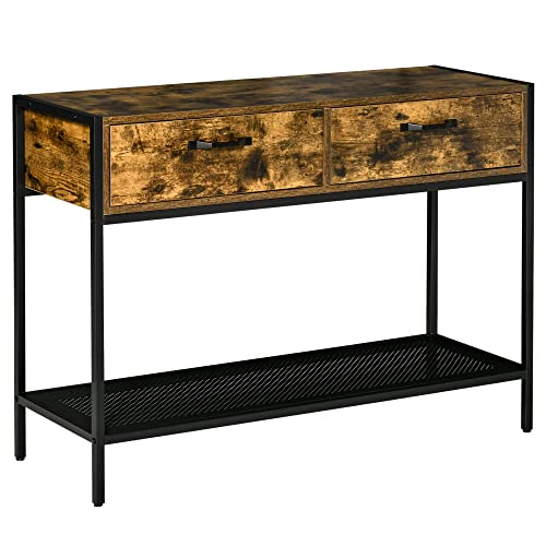 HOMCOM Table Console Table d'entrée Design Industriel 2 tiroirs étagère métal Noir Panneaux Particules Aspect Bois Vieilli