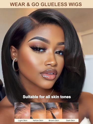Image of Sunber Layered Bob Drawstring Wig Human Hair with Side Swept Bangs Pre Cut 7x5 HD Lace Front Bye Bye Knots Glueless Wigs Put and Go Human Hair Pre Plucked Bleached Invisible Knots Read to Wear 10Inch