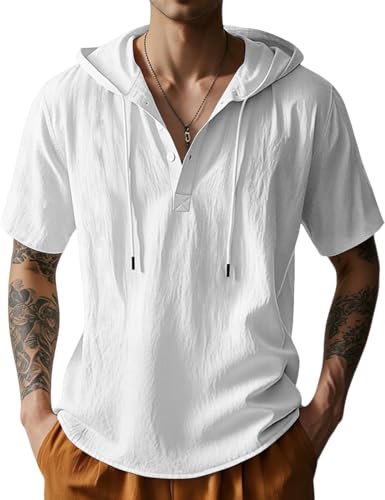 LINENNMAIN Mens Cotton Linen Shirts Short Sleeve Casual Button Down Hoodies Summer Hawaiian Beach Top with Drawstring White
